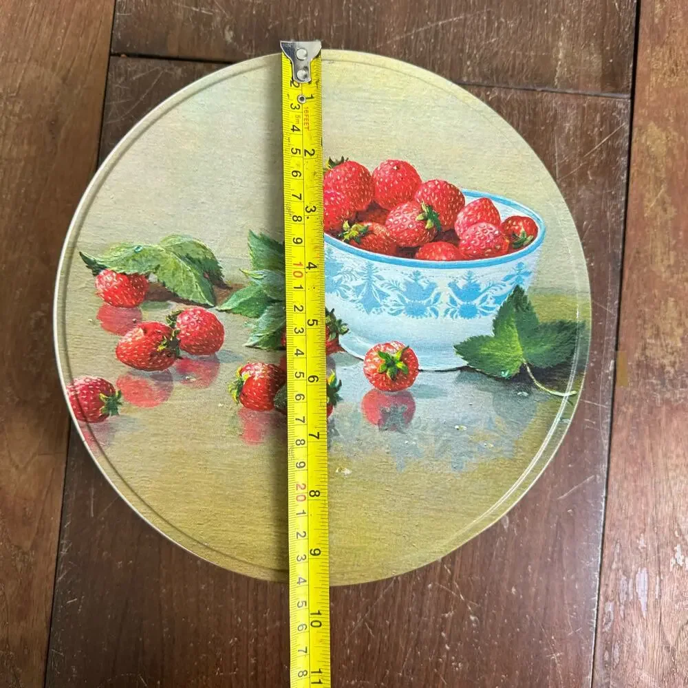 Mrs. Carver's 1950s Strawberry Litho Round Fruit‎ Cake Metal Tin Container
